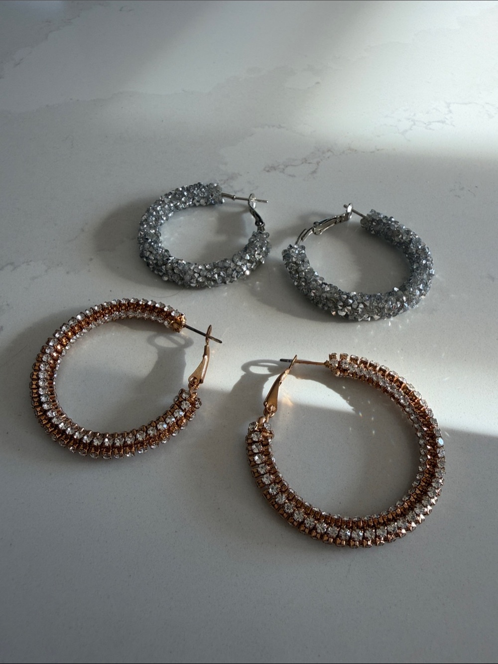 Very Light Sparkling Rose Gold and Silver Crystal Hoop Earrings - Women Jewelry